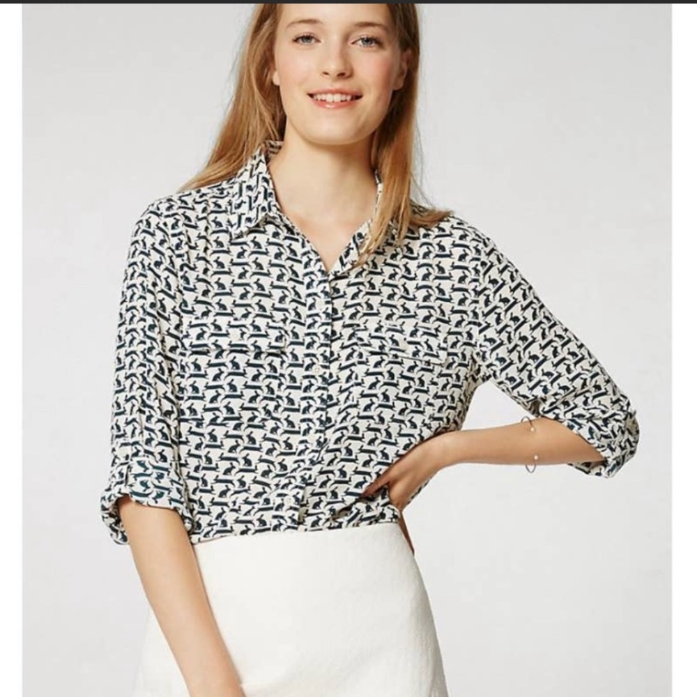 NWOT Loft Women's White Green Rabbit Utility Collared Button Blouse Size Small